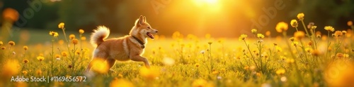 Golden fur gleams, wildflowers dance, sunny meadow frolic, play, happy, field