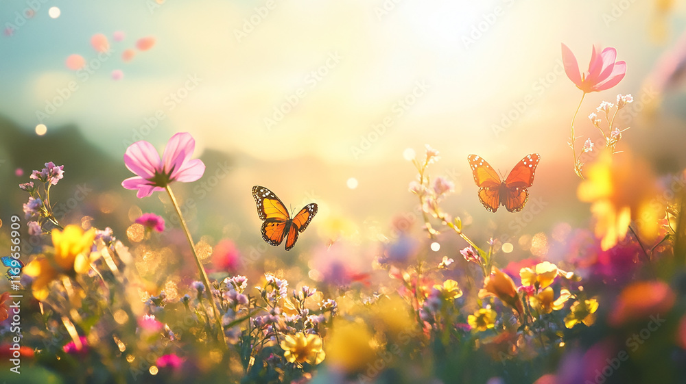Colorful Easter eggs on a vibrant spring meadow with blooming flowers, butterflies flying, and soft sunlight, creating a joyful and festive atmosphere.
Colorful Easter eggs on a vibrant spring meadow with blooming flowers, butterflies flying, and soft sunlight, creating a joyful and festive atmosphere.