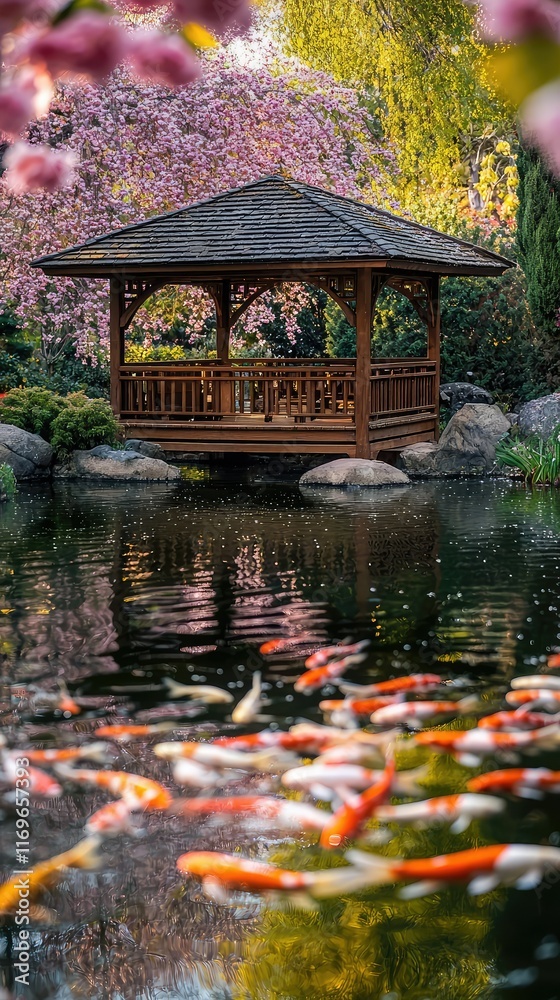 Obraz premium Serene Garden Pavilion Surrounded by Cherry Blossoms and Koi Pond