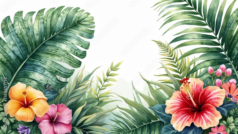 Naklejka premium Vibrant Watercolor Tropical Hibiscus Flowers and Lush Green Leaves Botanical Illustration