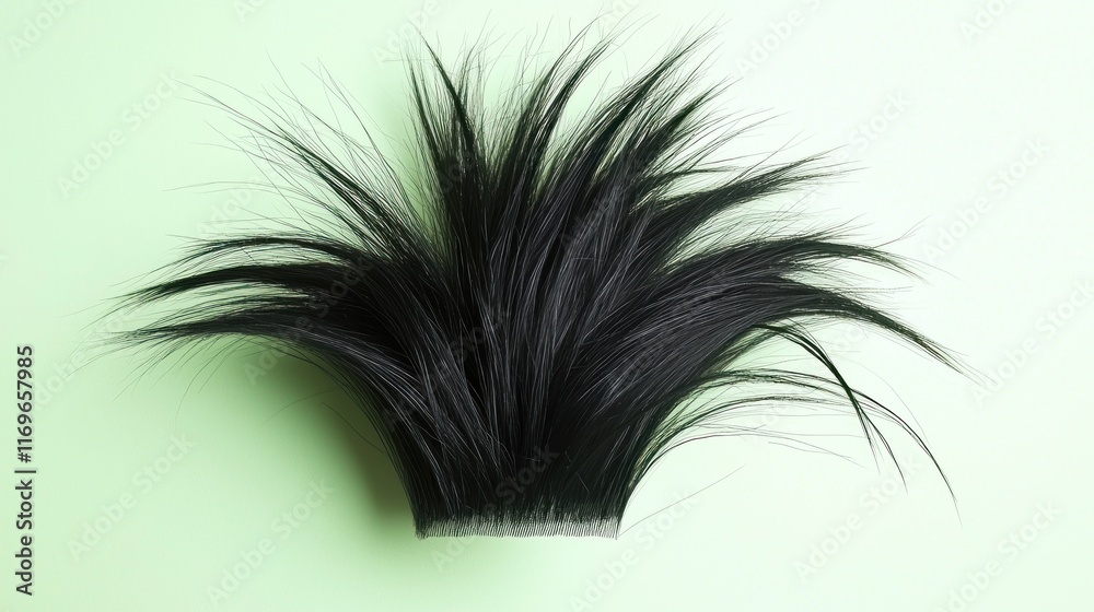 A tuft of black hair resembling a wild hairstyle on a light background. A tuft of black hair resembling a wild hairstyle on a light background.