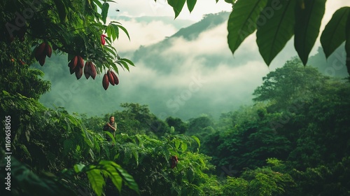 cacao tree laden with ripe pods hanging from its branches, surrounded by lush greenery photo