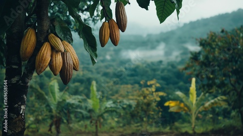 cacao tree laden with ripe pods hanging from its branches, surrounded by lush greenery photo