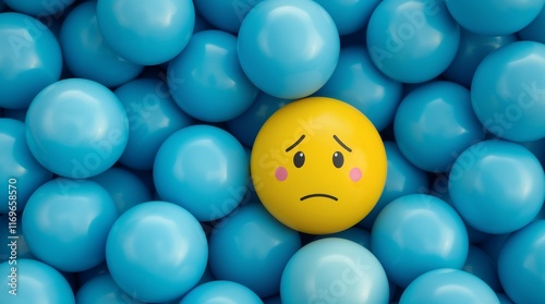 sad yellow candy with a frown among blue candy spheres, illustrating a contrasting emotion, Influence of environment on mood