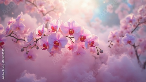 Beautiful Pink Orchid Flowers in Dreamy Cloudscape