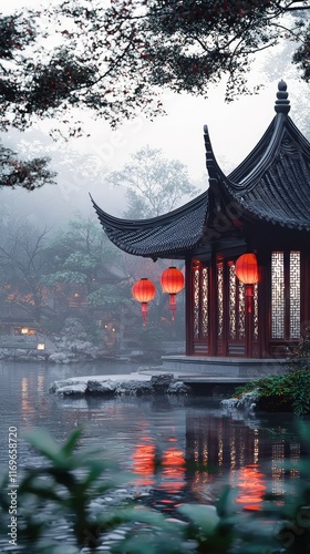 Wallpaper Mural Tranquil Traditional Pavilion with Lanterns by Serene Water Torontodigital.ca