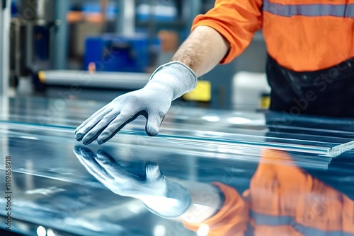 Factory worker checking glass pane in manufacturing plant