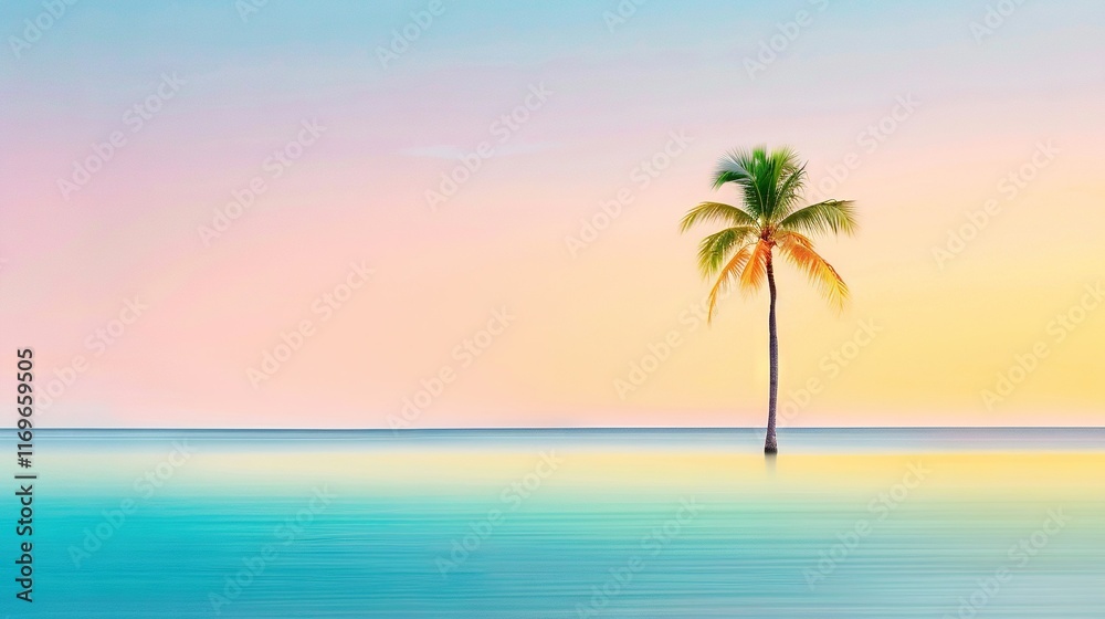 A stunning painting of a palm tree on a vast water expanse under a vibrant sunset A stunning painting of a palm tree on a vast water expanse under a vibrant sunset