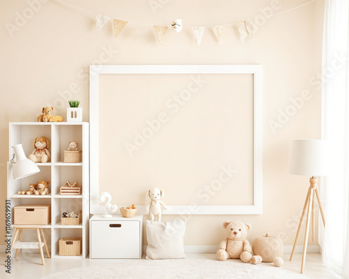 Interior design of stylish kid room space with white shelf, wooden toys, dolls, child accessories, white lamp, cozy decoration and hanging cotton flags on the beige wall. Mockup frame on the wall. 