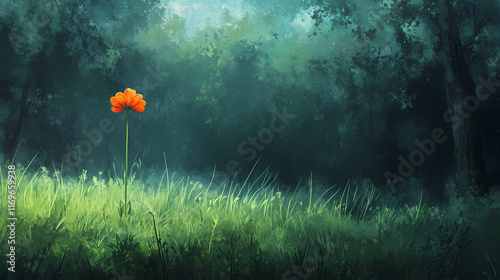 A solitary orange bloom atop a sylvan grass patch amidst a forest's sea of green. Sylvan. Illustration