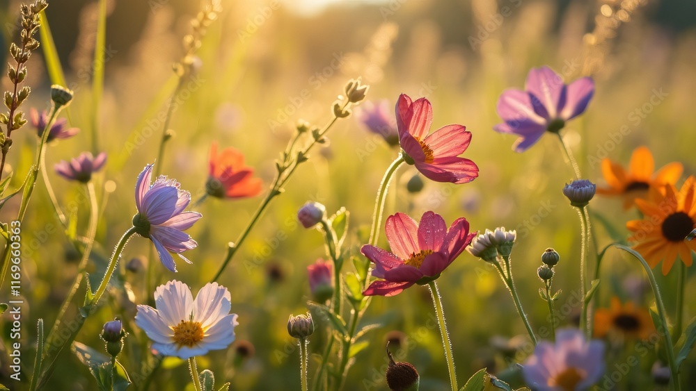 Vibrant Wildflower Meadow at Golden Hour Sunrise Vibrant Wildflower Meadow at Golden Hour Sunrise