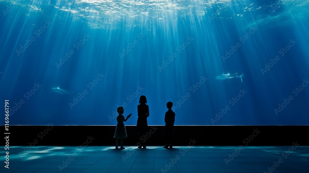 Fototapeta premium Children Exploring the Underwater World with Rays of Light in an Aquarium, Silhouetted Against a Stunning Blue Background with Swimming Fish
