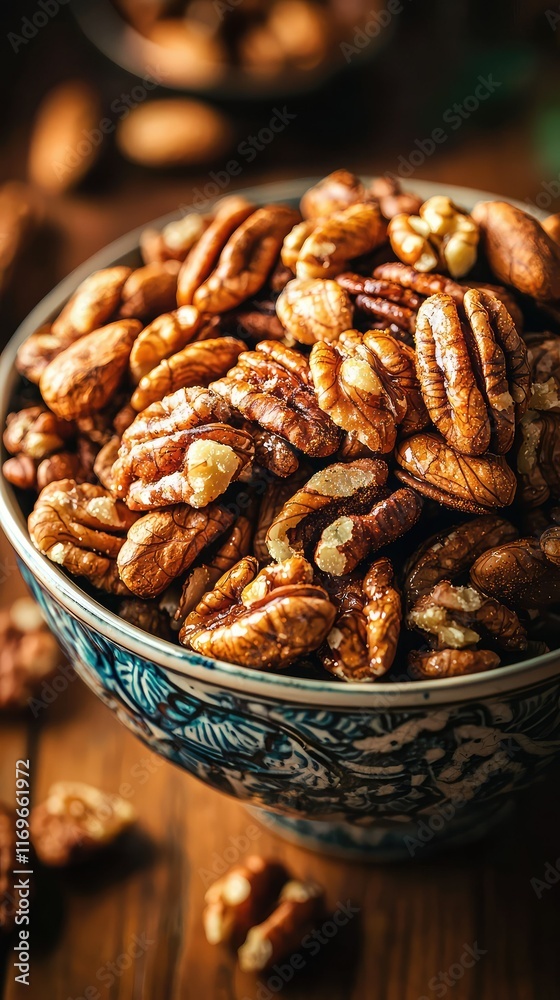 Obraz premium Close-Up of Freshly Roasted Pecans in Colorful Ceramic Bowl