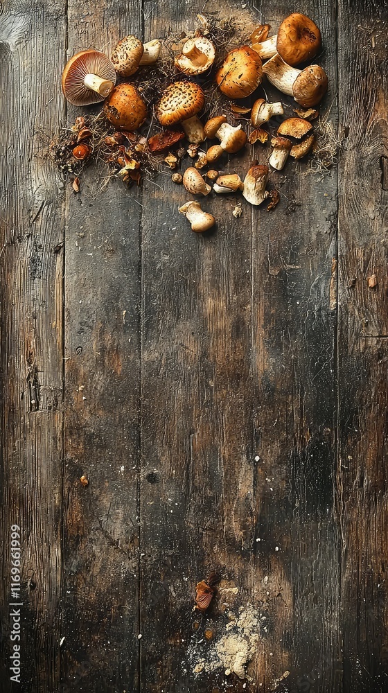 Freshly Foraged Mushrooms on Rustic Wooden Table Top View Freshly Foraged Mushrooms on Rustic Wooden Table Top View