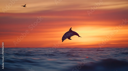 A playful dolphin leaping above the ocean, with a vibrant sunset as the background, during a peaceful evening