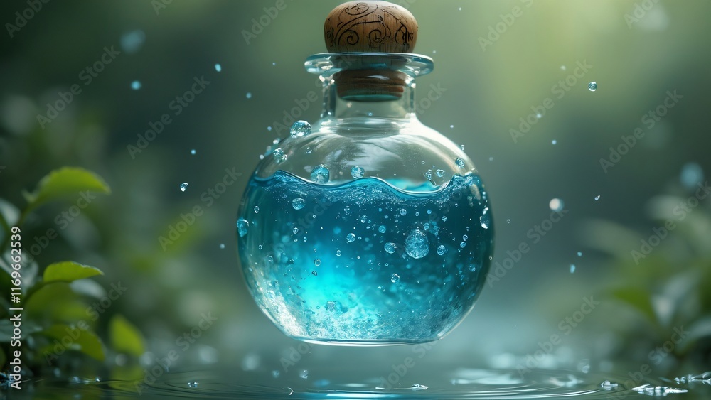 Enchanted Glass Bottle with Sparkling Blue Liquid Potion, Fantasy Nature Scene Enchanted Glass Bottle with Sparkling Blue Liquid Potion, Fantasy Nature Scene