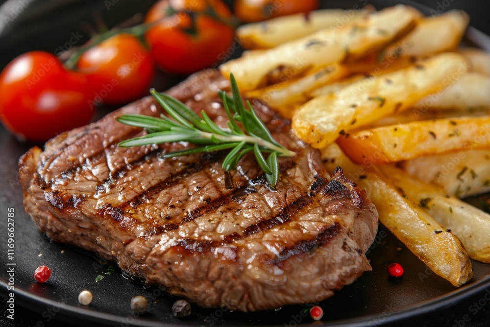 A steak and fries are served on a black plate with a side of ketchup A steak and fries are served on a black plate with a side of ketchup
