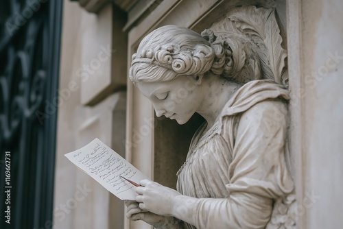 A beautiful classical statue of a woman reading a letter, capturing elegance and serene contemplation.