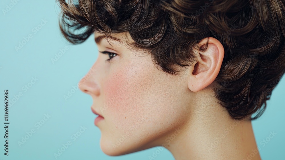 Profile portrait of a person with curly hair against a blue background. Profile portrait of a person with curly hair against a blue background.