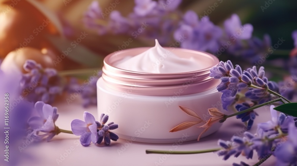 Soft, creamy moisturizer sits elegantly in a jar, embraced by vibrant lavender blooms. The warm light enhances the calming atmosphere of this beauty arrangement Soft, creamy moisturizer sits elegantly in a jar, embraced by vibrant lavender blooms. The warm light enhances the calming atmosphere of this beauty arrangement