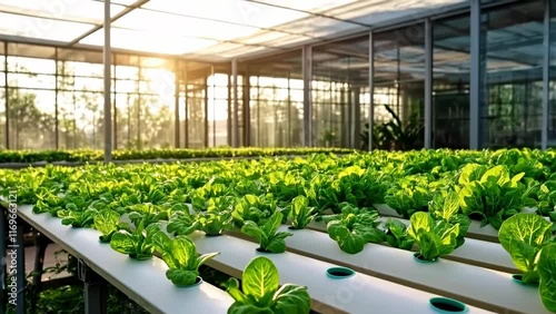 Morning Bliss in a Hydroponic Farm: Lush Greens Under Soft Light