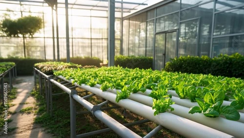 Morning Bliss in a Hydroponic Farm: Lush Greens Under Soft Light