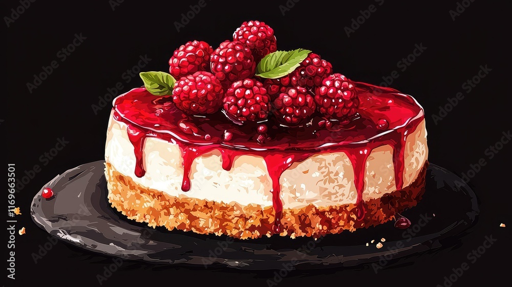 Delicious Raspberry Cheesecake with Glossy Red Topping and Garnish Delicious Raspberry Cheesecake with Glossy Red Topping and Garnish