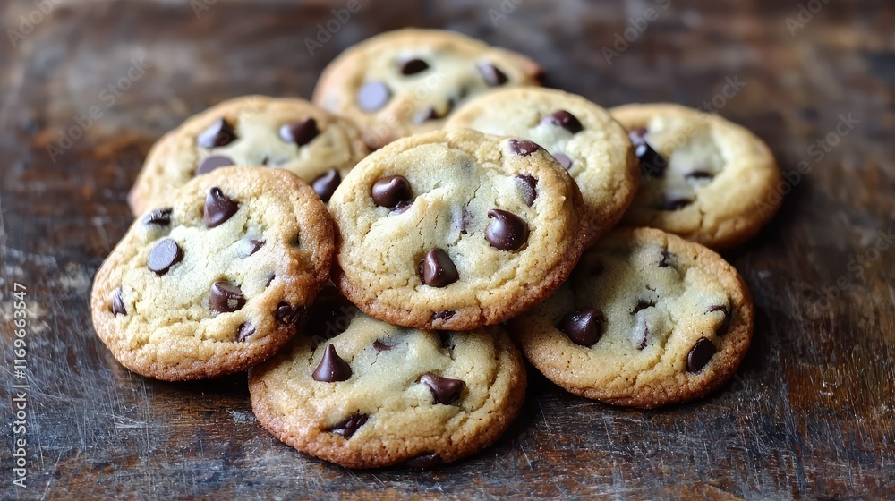 Freshly Baked Chocolate Chip Cookies on Wooden Surface Freshly Baked Chocolate Chip Cookies on Wooden Surface