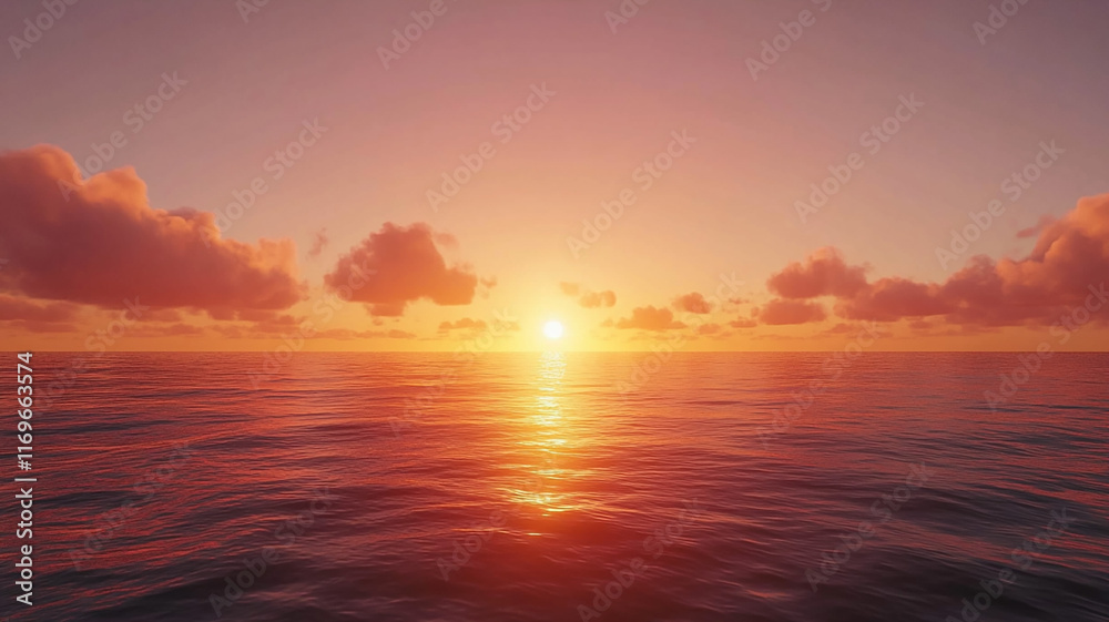 Obraz premium Vibrant sunset over a calm ocean, with vivid orange and pink hues reflecting on the water, creating a stunning and peaceful seascape perfect for nature lovers.