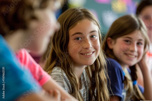 A group of young girls are smiling and looking at the camera