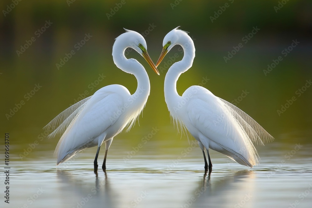Two white birds form heart shape, serene water. Two white birds form heart shape, serene water.