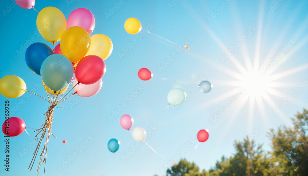 Fototapeta premium Colorful balloons floating under bright blue sky, celebration concept