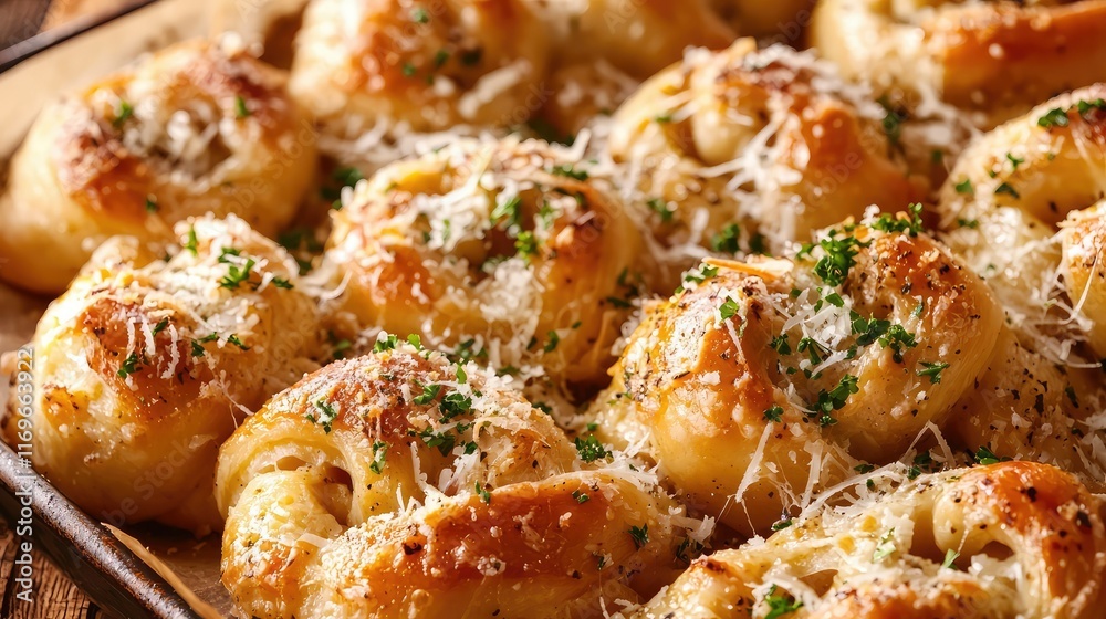 Freshly Baked Garlic Knots Topped with Cheese and Parsley Garnish Freshly Baked Garlic Knots Topped with Cheese and Parsley Garnish