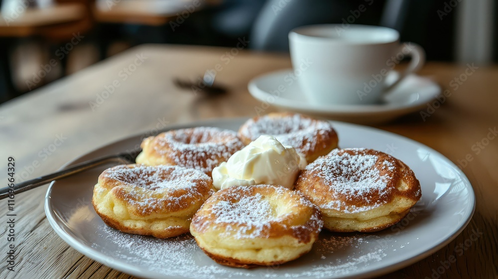 Delicious fluffy pancakes served with whipped cream on wooden table Delicious fluffy pancakes served with whipped cream on wooden table
