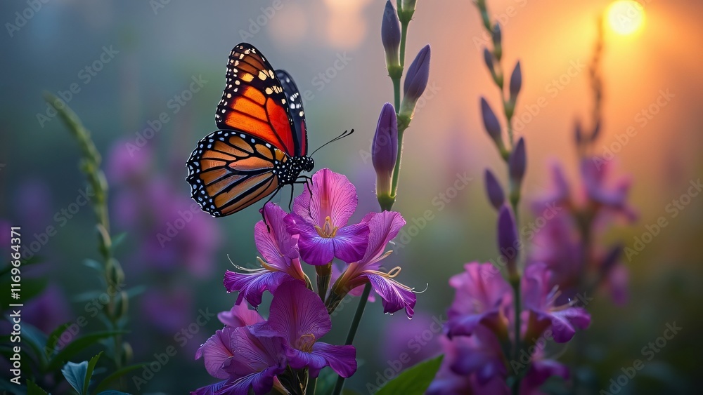 Obraz premium Monarch Butterfly on Purple Flowers at Sunset Sunrise Nature