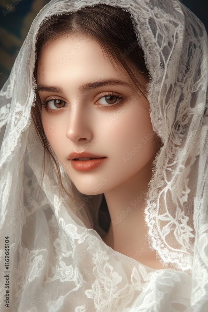 A young woman with brown hair wears a delicate white lace veil, highlighting her beauty A young woman with brown hair wears a delicate white lace veil, highlighting her beauty