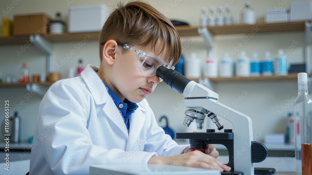 A young boy in a lab coat and glasses, exploring science with a microscope and instruments in a laboratory setting A young boy in a lab coat and glasses, exploring science with a microscope and instruments in a laboratory setting
