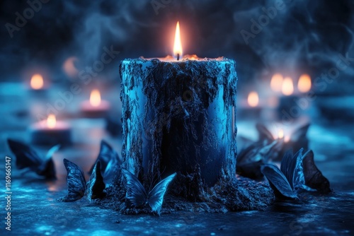 A black gothic candle flickers softly in blue light, surrounded by nearby butterflies photo