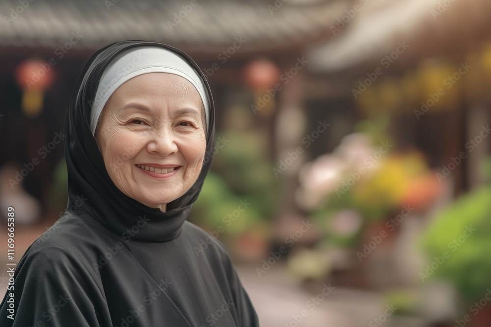 A smiling middle-aged nun enjoys a peaceful moment in a garden temple A smiling middle-aged nun enjoys a peaceful moment in a garden temple