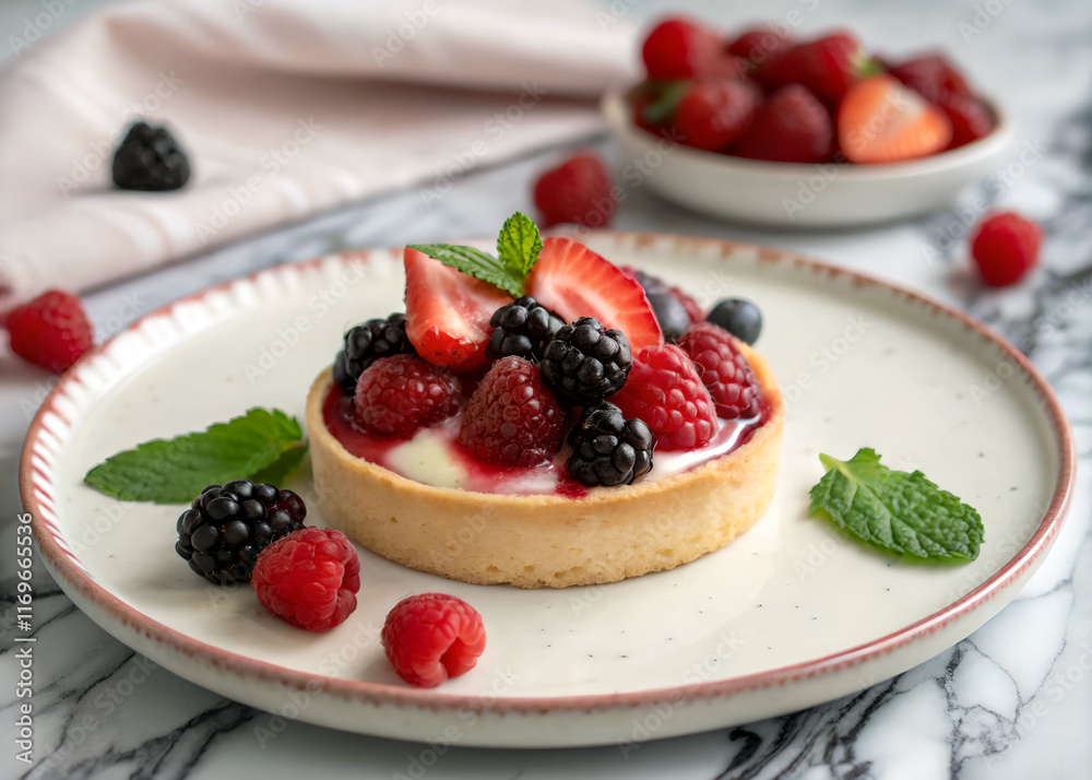 plate with a small fruit tart topped with various berries, including strawberries, raspberries, and blueberries, accompanied by mint leaves for garnish. plate with a small fruit tart topped with various berries, including strawberries, raspberries, and blueberries, accompanied by mint leaves for garnish.