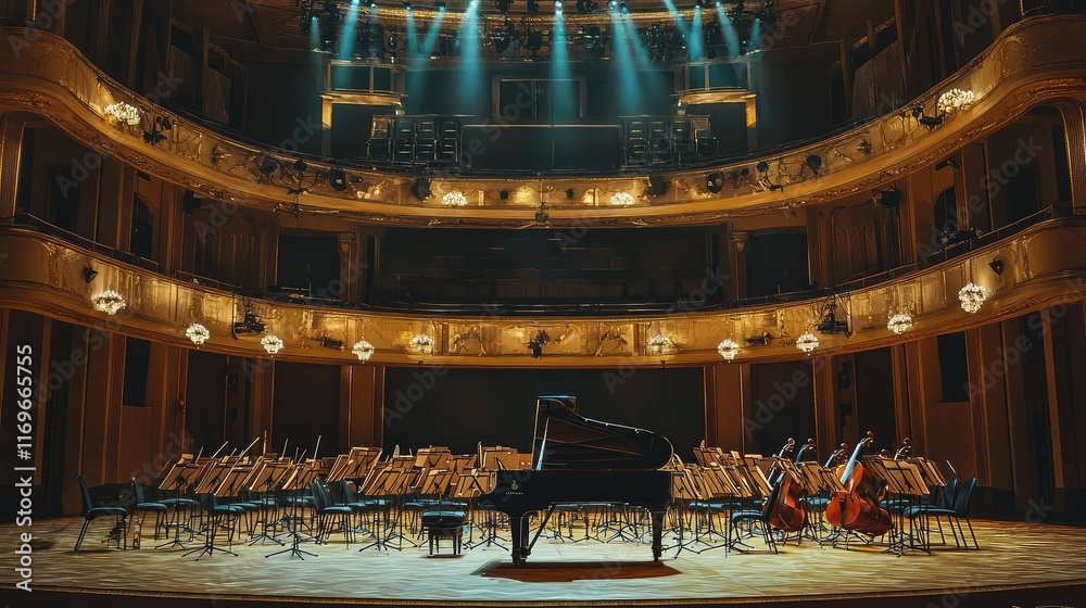 Obraz premium Grand Concert Hall with Orchestra Setup and Grand Piano on Stage