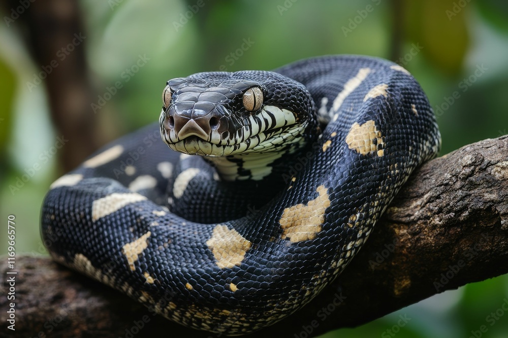 Coiled black snake with yellow markings on a branch. Coiled black snake with yellow markings on a branch.