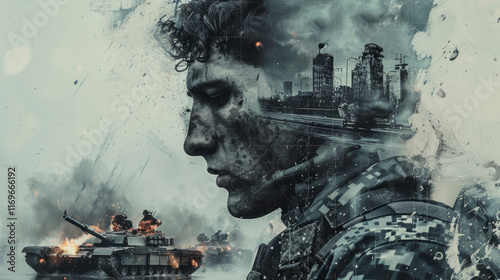A soldier's face profile blends with war scenes, including burning tanks, on a light, abstract background. Concept of war and reflection