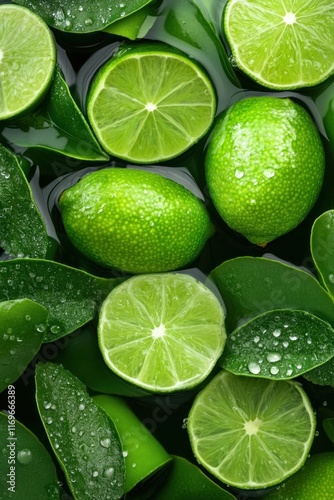 Close-up of vibrant limes on leafy greens, highlighting fresh produce with dew droplets