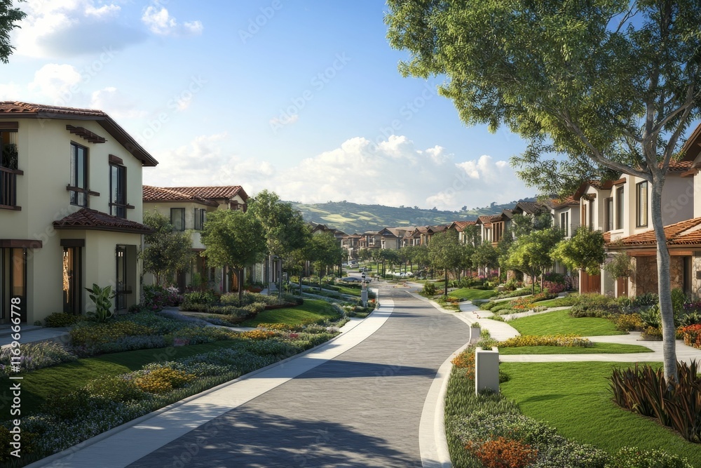 Residential street, hillside homes, landscaped gardens. Residential street, hillside homes, landscaped gardens.