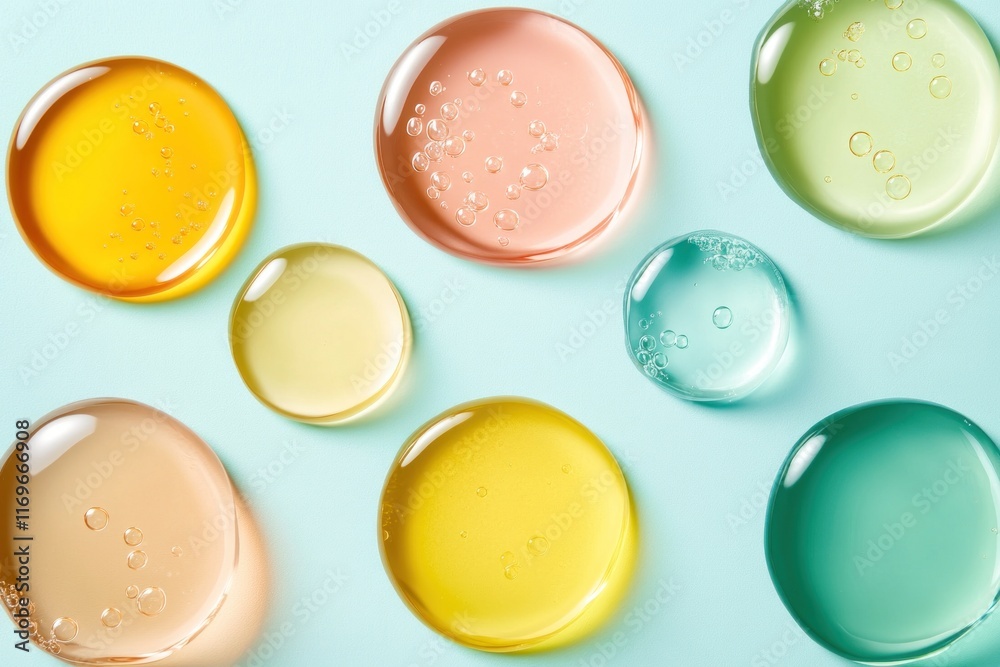 Swatches of various liquid oils display glossy textures and bubbles, highlighting their colors Swatches of various liquid oils display glossy textures and bubbles, highlighting their colors
