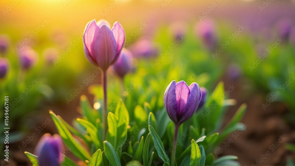 Vibrant Purple Tulips in Golden Sunset Meadow Vibrant Purple Tulips in Golden Sunset Meadow