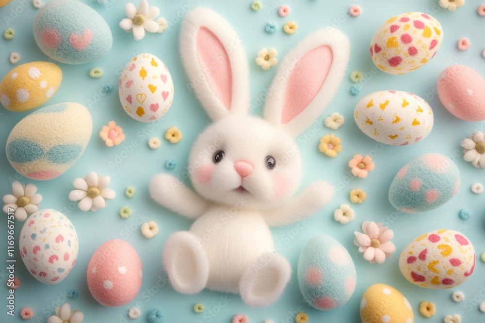Obraz premium Cute felt Easter eggs surround an adorable bunny on a light pastel backdrop perfect for spring