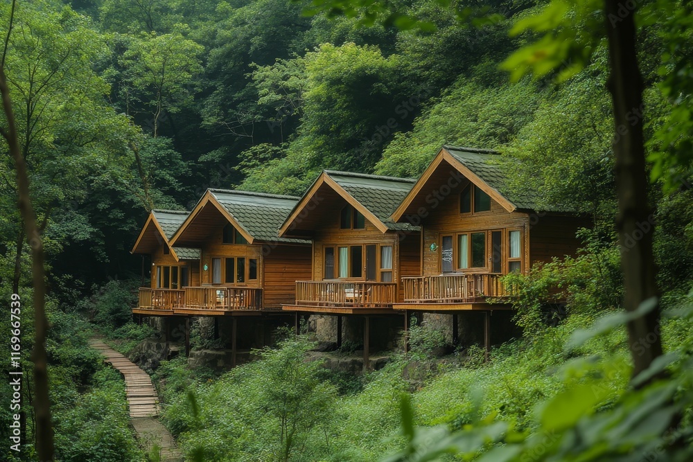 Wooden cabins nestled in lush, green forest. Wooden cabins nestled in lush, green forest.