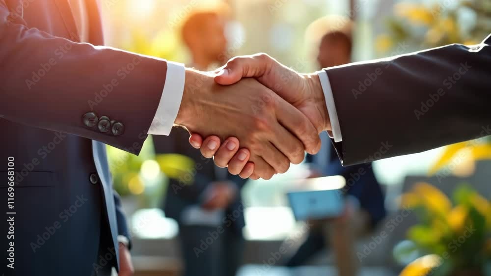 Business handshake in warm sunlight. Professional partnership agreement outdoors. Corporate deal, trust, cooperation concept for corporate marketing and finance with copy space